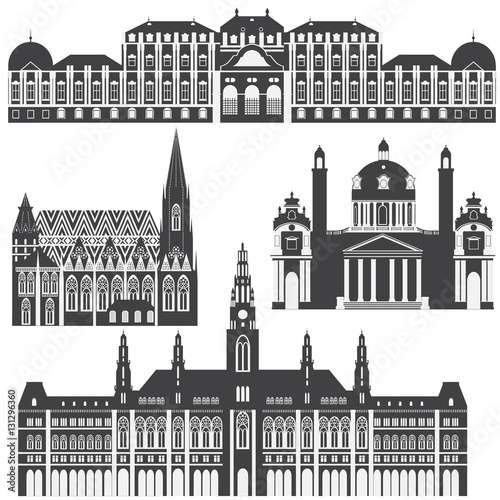 Austrian City sights in Vienna. Austria Landmark Travel And Journey Architecture Elements Stephansdom, Karlskirche, Belvedere palace, Town hall,