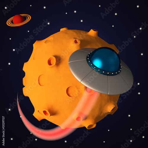 Fototapeta Naklejka Na Ścianę i Meble -  Ufo in space in cartoon style. Retro alien spaceship