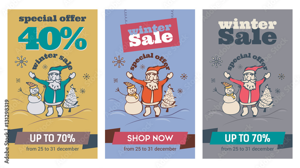 Fototapeta premium Web banner set for internet shop winter sale and special offer with santa, snowman and tree