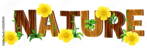 Font design for word nature with yellow flowers