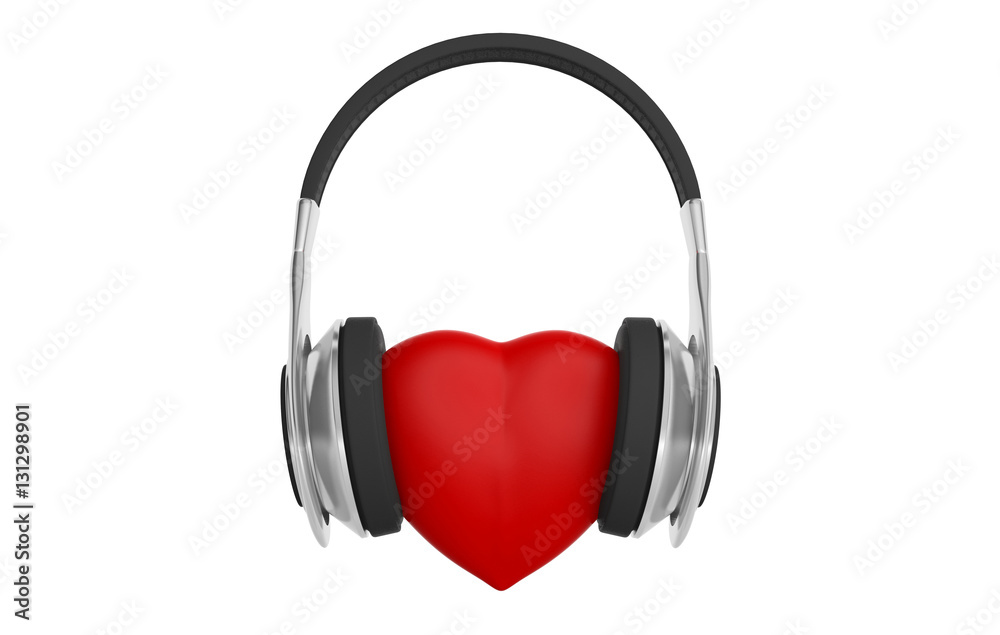 Pair of wireless headphones and a red heart. 3d illustration