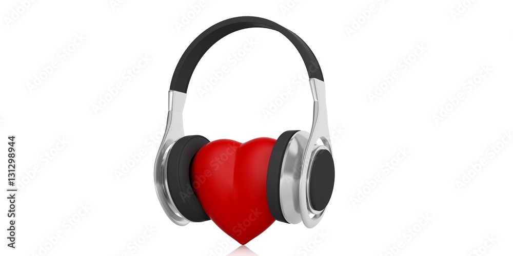 Pair of wireless headphones and a red heart. 3d illustration Pair of wireless headphones and a red heart. 3d illustration