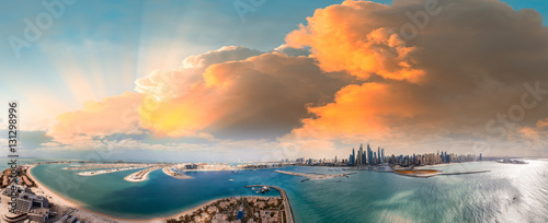 Palm Jumeirah and Marina skyline in Dubai, panoramic aerial view