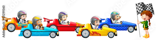 Five kids racing car together