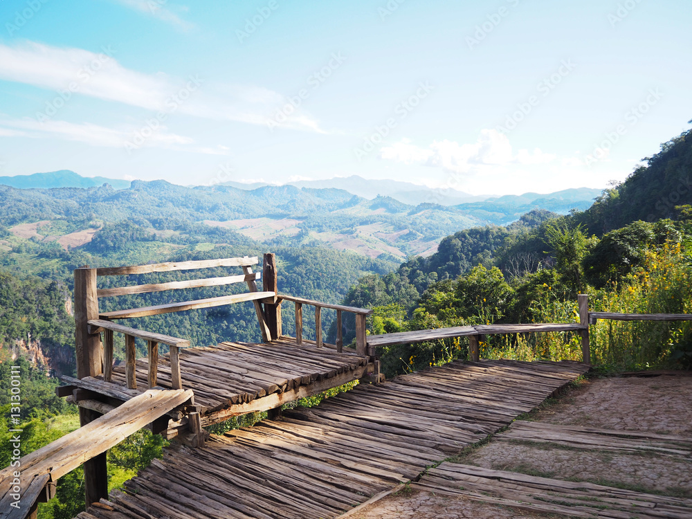 Wooden seat at viewpoint in Mae Hong Sorn province, Northern of Thailand