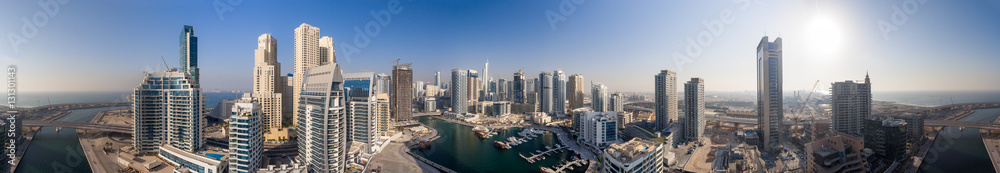 Dubai Marina at dusk, aerial view