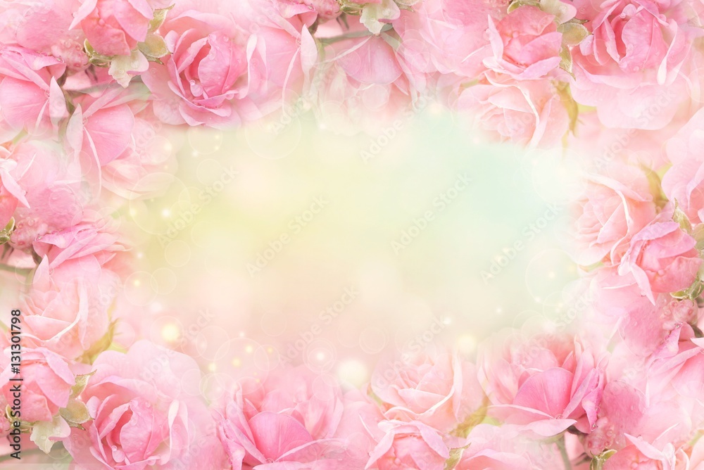 Naklejka premium słodki różowy kwiat róży rama na miękkim tle bokeh w stylu vintage na walentynki lub wesele