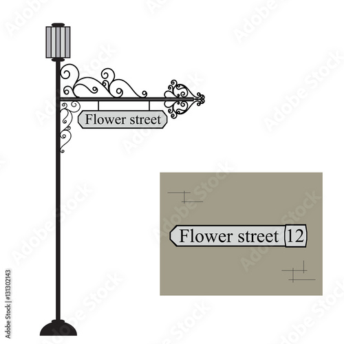 Forged metal pointer streets with a lantern. Forged metal signboard. Wrought iron vintage sign. Vector illustration.