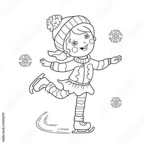 Coloring Page Outline Of cartoon girl skating. Winter sports. Coloring book for kids