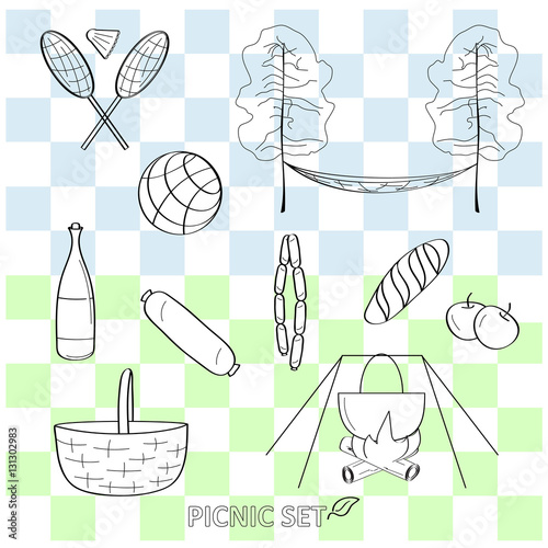 Linear picnic set. Vector illustration.