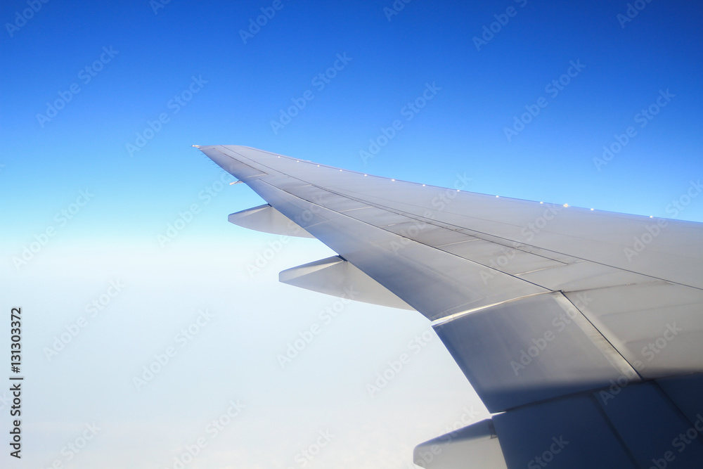 Fototapeta premium view of the aircraft wing on the sky