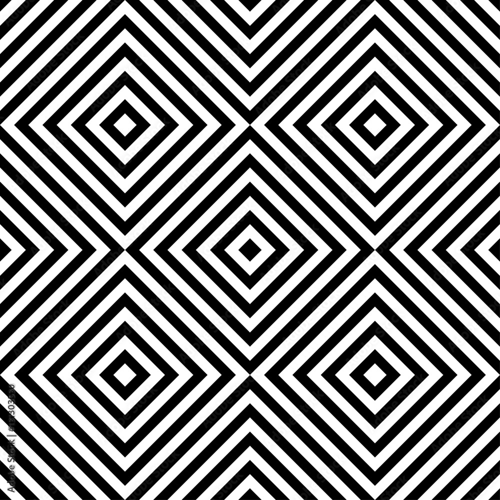 Abstract vector seamless op art pattern with rhombus. Monochrome graphic black and white ornament. Striped optical illusion repeating texture. Abstract vector seamless op art pattern with rhombus. Monochrome graphic black and white ornament. Striped optical illusion repeating texture.