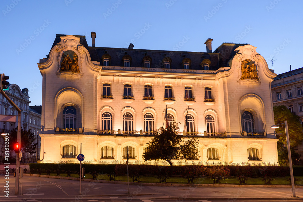 French embassy building at night in the old town is a unesco world heritage site, vienna, austria