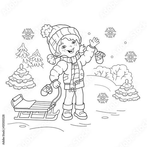 Coloring Page Outline Of cartoon girl with sled. Winter. Coloring book for kids