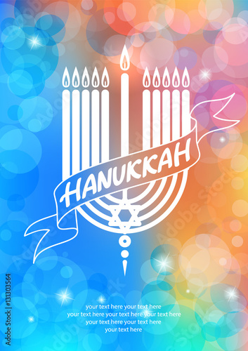 Happy Hanukkah lettering on blur bokeh background.