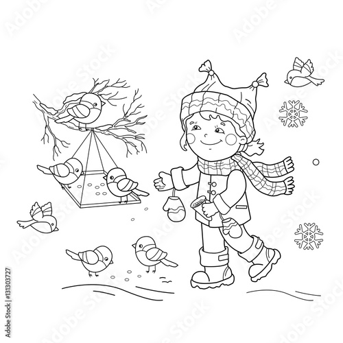 Coloring Page Outline Of cartoon girl feeding birds. Bird feeder. Winter. Coloring book for kids