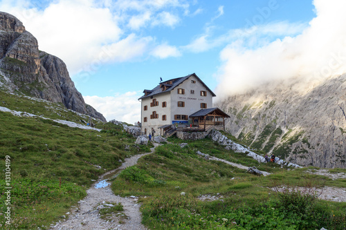 Alpine Hut Zsigmondyhütte in Sexten Dolomites, South Tyrol, Italy