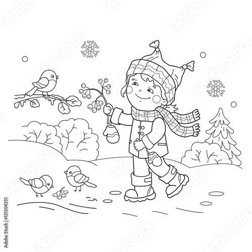 Coloring Page Outline Of cartoon girl feeding birds. Winter. Coloring book for kids