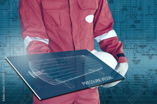 Engineer showing blueprint on isolate drawing background photo