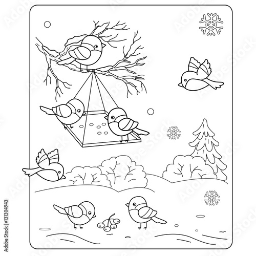 Coloring Page Outline Of cartoon birds in the winter. Bird feeder. Bullfinch, titmouse, sparrows. Coloring book for kids