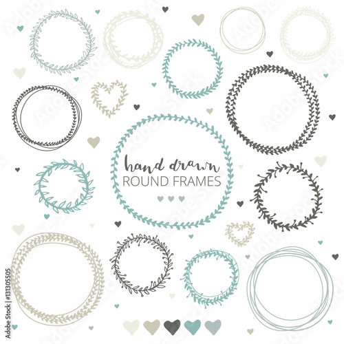 Set of hand drawn round frames. Ink illustration. Herbal frames-wreaths. Hand drawn wreath. Hand drawn vintage frames. Round frames and hearts. 
