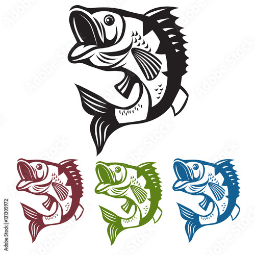 Catching Bass Fish. Vector Fish Color. Graphic Fish. Fish On A White Background. Bassfish. Bass Fishing Tournaments. Big Fish. Fish Jumping. Template Bass Fish.