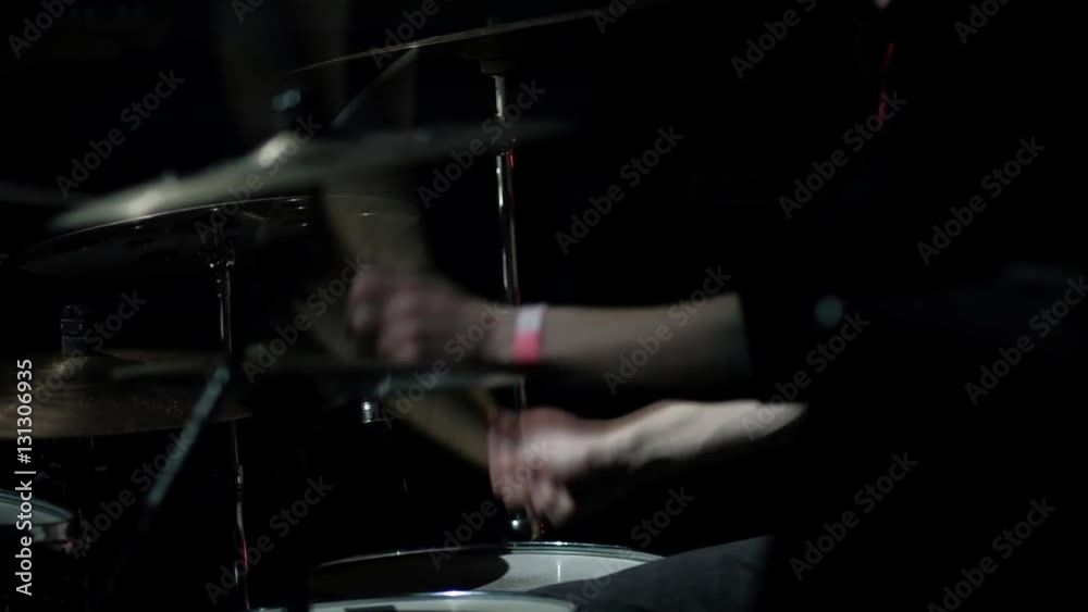 Slow Motion - Drummer Plays at the Concert, Drumming, Close up of Drummer's Hands Slow Motion - Drummer Plays at the Concert, Drumming, Close up of Drummer's Hands