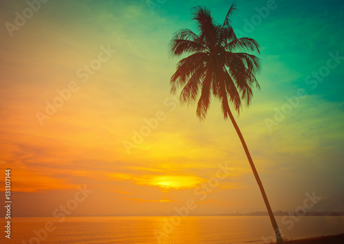 Silhouette coconut palm trees on beach at sunset. Vintage tone. © nuttawutnuy