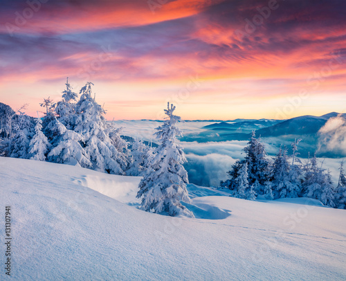 Magnificent winter sunrise in mountain forest with snow covered © Andrew Mayovskyy