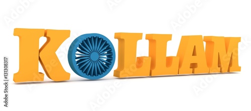 Image relative to India travel industry. Kollam city name with flag colors styled letter O. 3D rendering. photo