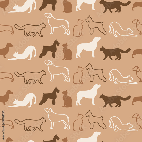 Animal seamless vector pattern of cat and dog silhouettes