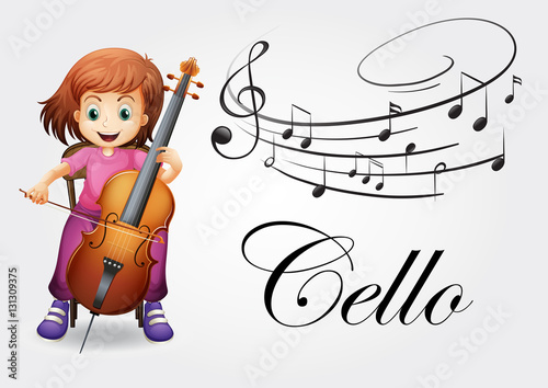 Girl playing cello with music notes background