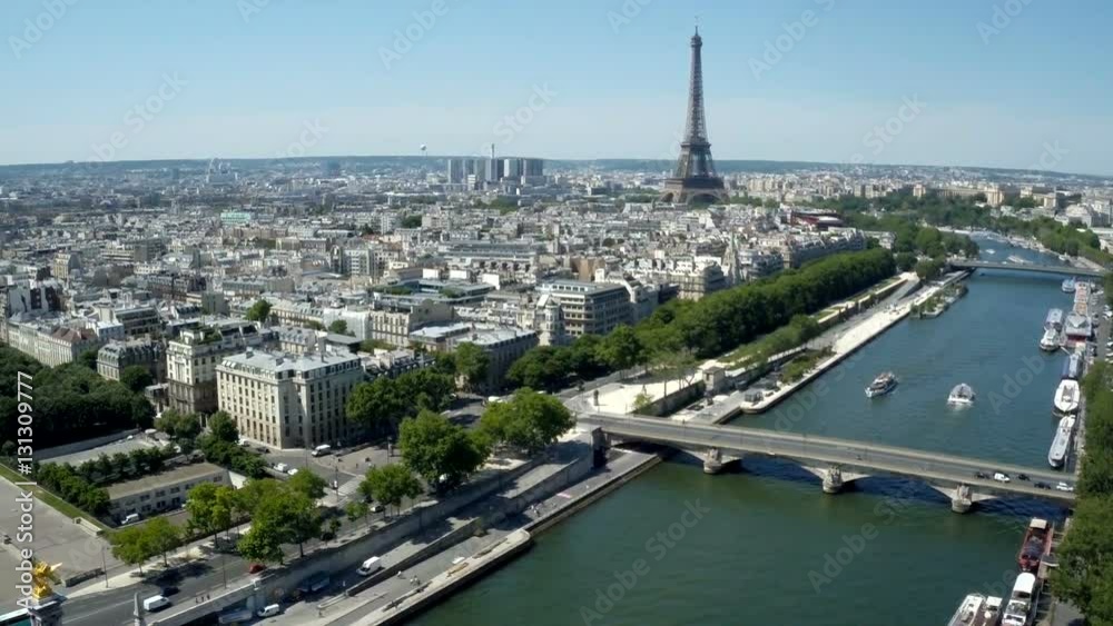 Aerial of Paris with Seine river and Eiffel tower 