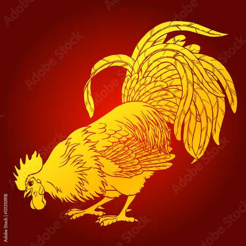 Calling rooster gold on red background