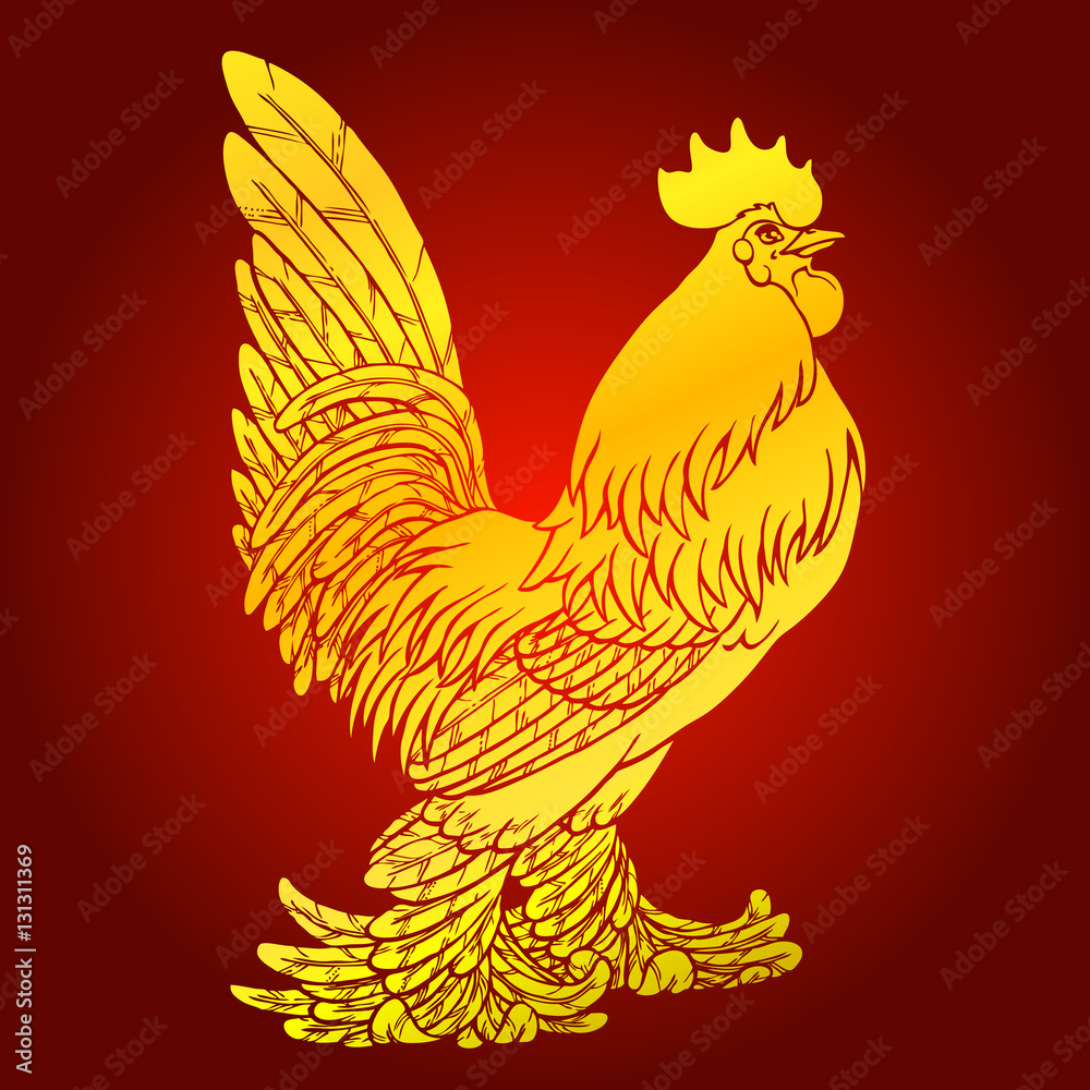 Fotografie Proud rooster gold on red background