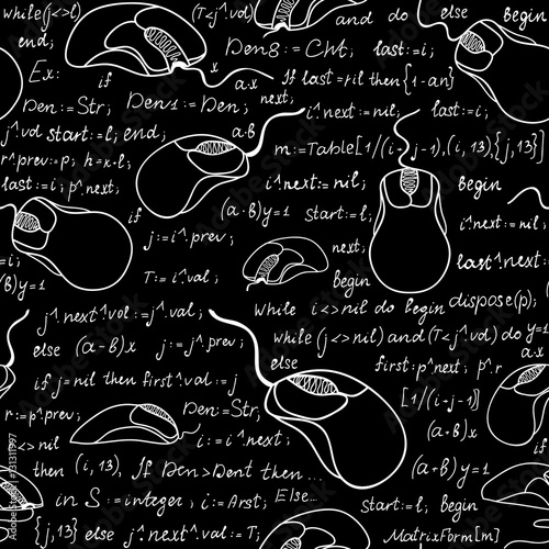 Technical vector seamless pattern with handwritten programming code and computer mice
