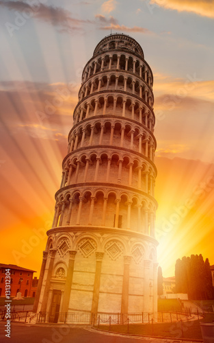 Pisa leaning tower at sunrise, Italy.