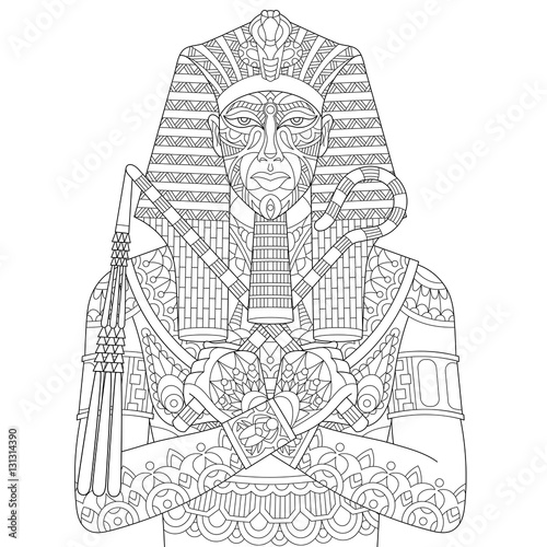 Stylized cartoon ancient egyptian pharaoh, isolated on white background. Freehand sketch for adult anti stress coloring book page with doodle and zentangle elements.