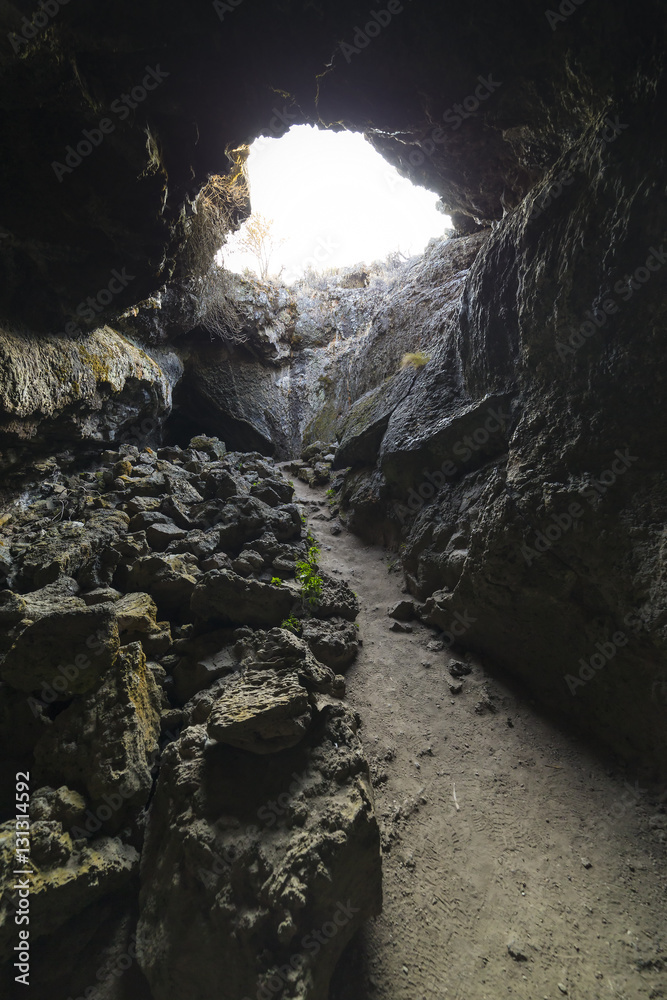 Trail through a Lava Tube at Lava Beds National Park in Northern California
