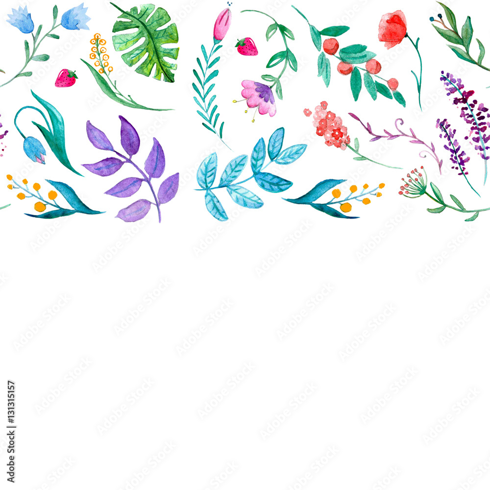 Watercolor pattern with flowers, tropical plants and leaves