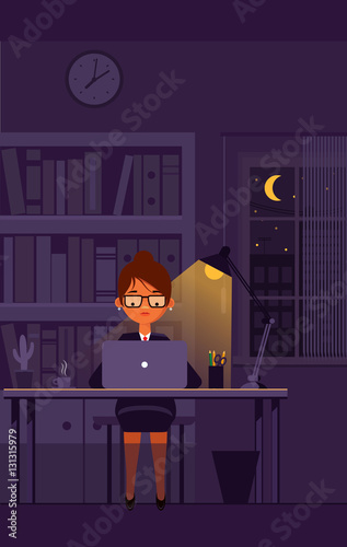 Business girl works at office till night. Vector illustration