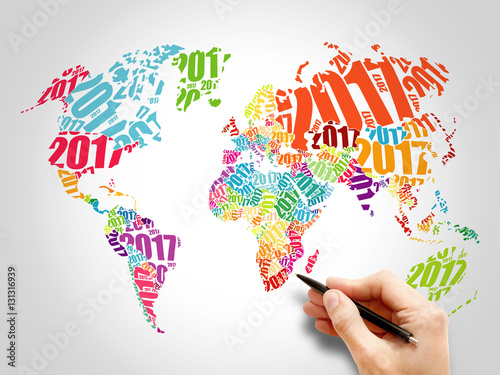 2017 Happy New Year, World Map in Typography word cloud collage concept