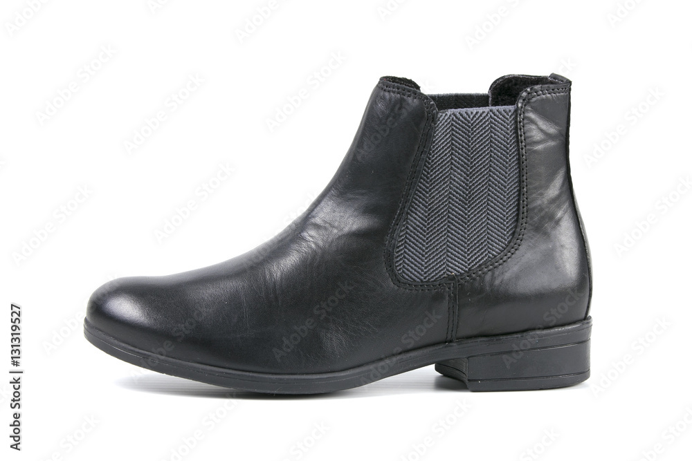 male boots black leather on white background, isolated product, top view