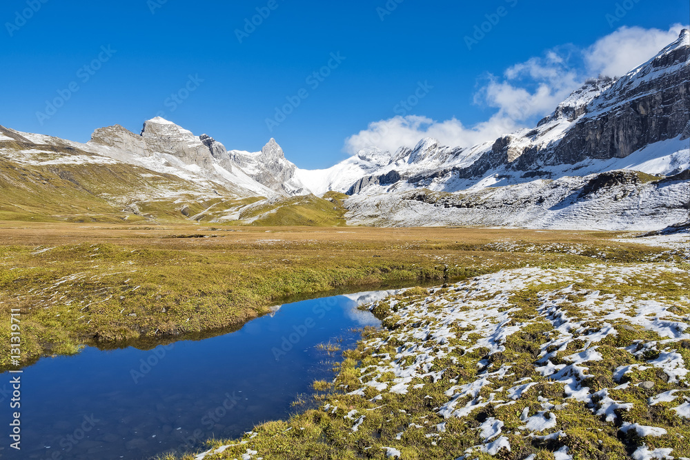 Mountain lake landscape Swiss Alps
