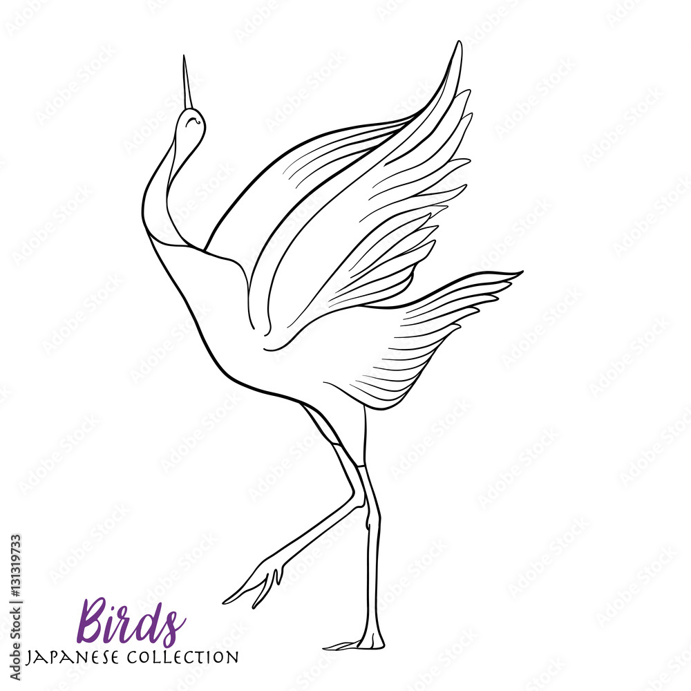 Φωτογραφία Japanese crane. Coloring book for adult. Outline drawing colorin