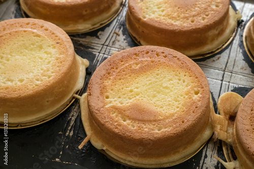The group of Japanese red bean cake dessert on hole bean cake maker at food street market.