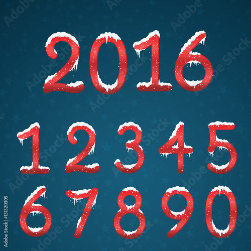 Winter red numbers set with snow caps. Frozen New year digits wi