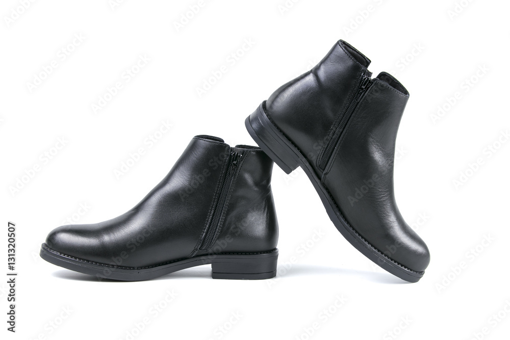 male boots black leather on white background, isolated product, top view male boots black leather on white background, isolated product, top view