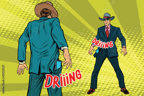 Duel businessmen on smartphones in the style of westerns