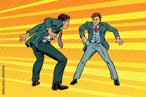 Duel businessmen on smartphones in the style of westerns